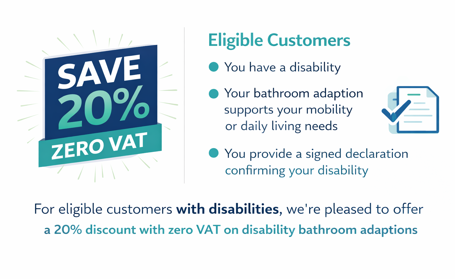 Save 20% Zero Vat for disability and mobbility bathroom adaptations