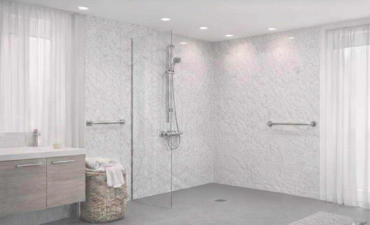 Mobility wet room for wheelchair access and easy independent bathing