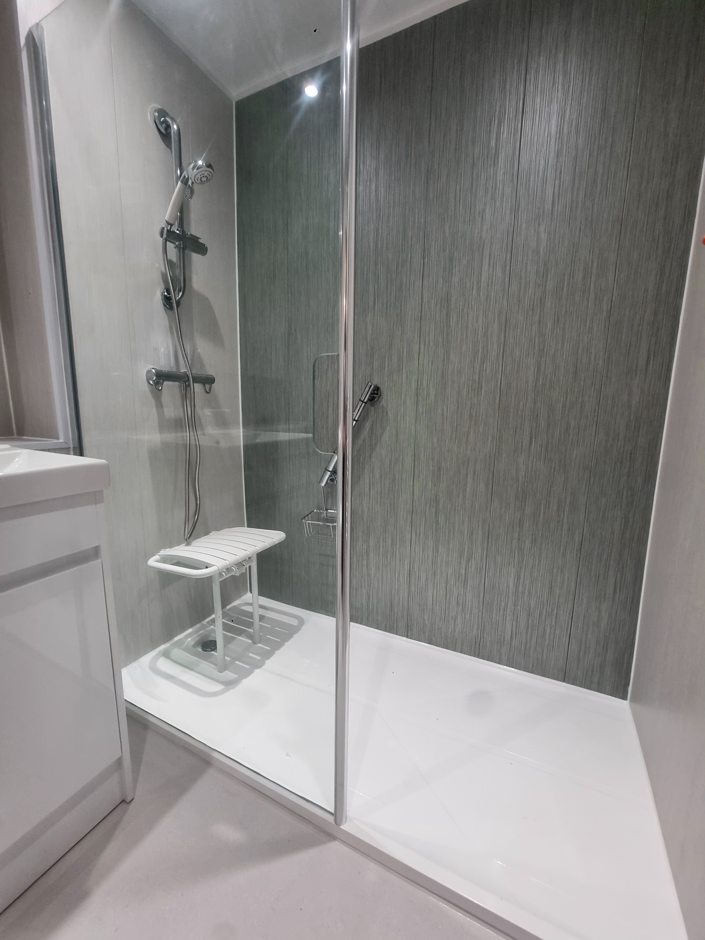 Easy entry and exit walk-in shower with seating