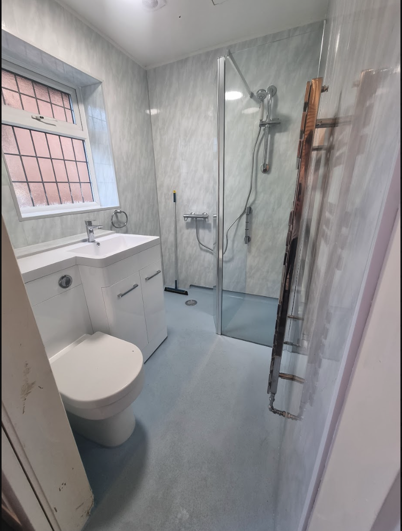 Completed level-access wet room in Mansfield for Richard and his wife